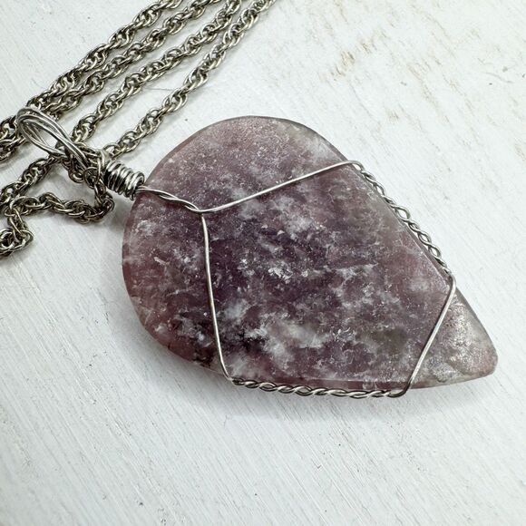 Lepidolite Purple Stone Wire Wrapped Teardrop Pendant Necklace Bohemian 18” - Picture 3 of 10